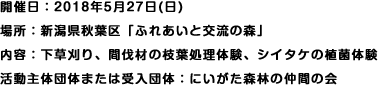 開催日:2018年5月27日(日) 場所:新潟県秋葉区「ふれあいと交流の森」 内容:下草刈り、間伐材の枝葉処理体験、シイタケの植菌体験 活動主体団体または受入団体:にいがた森林の仲間の会